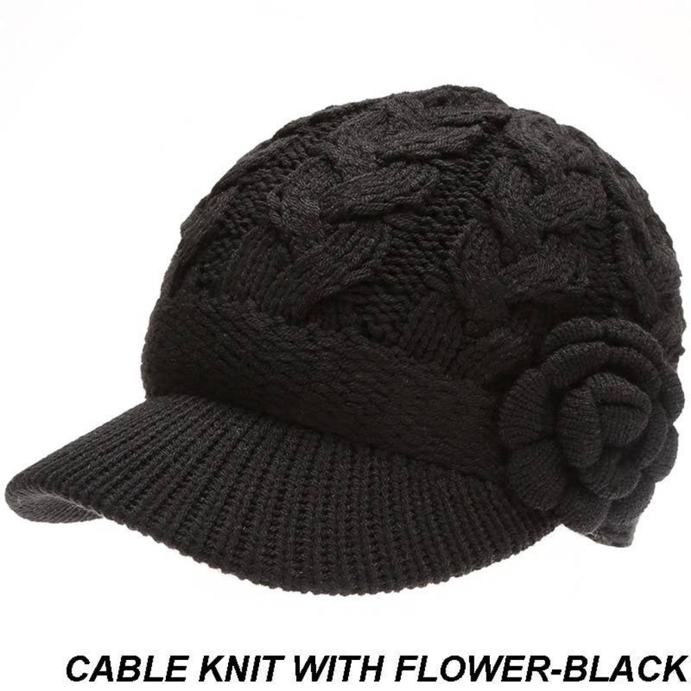 Black Cable Knit Cabby Hat with Crochet Flower